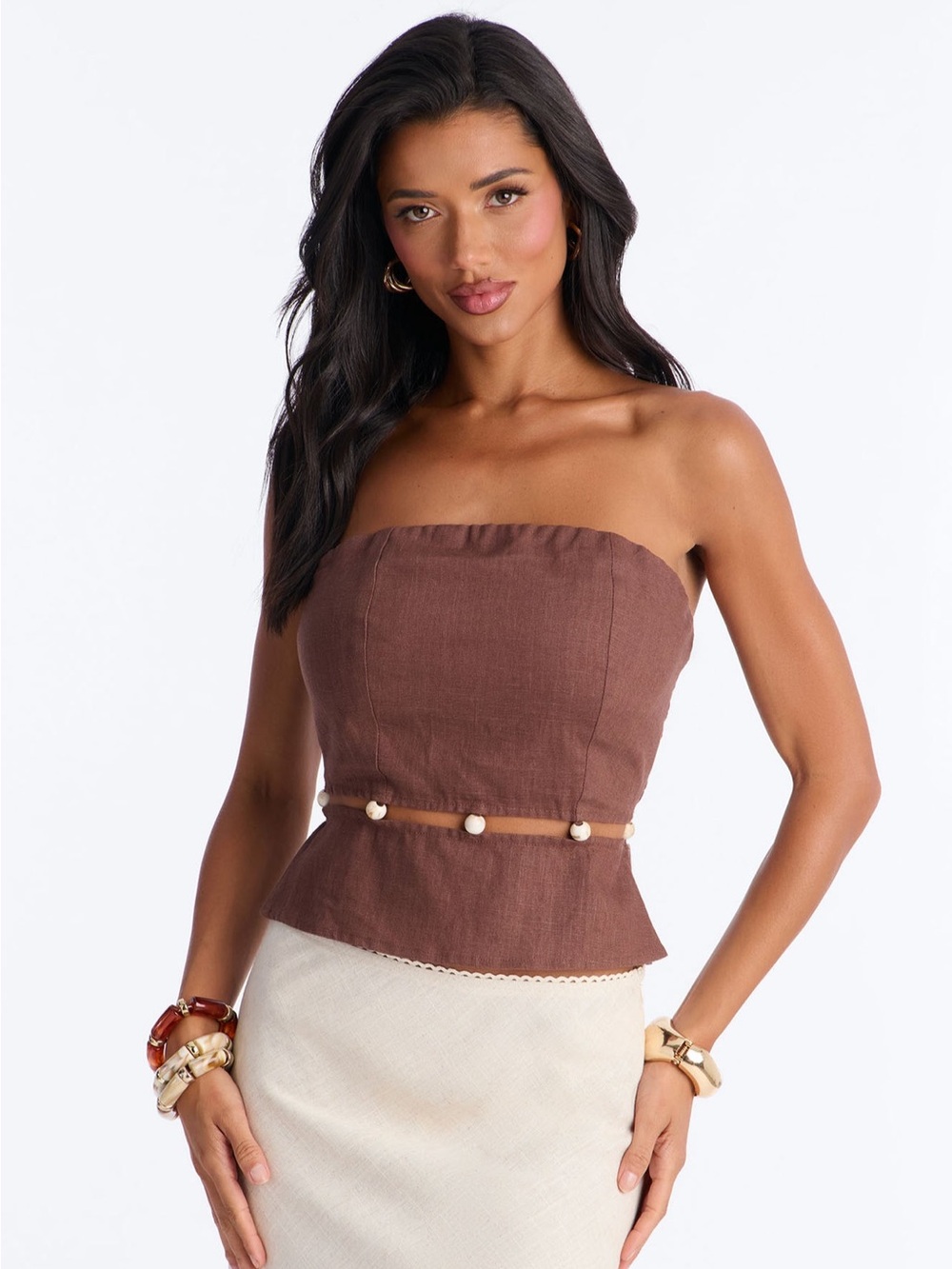 Fashion Nova Brown Strapless Peplum Camisole with Bead Trim